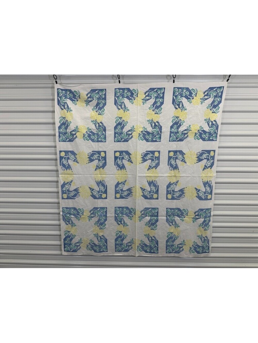 Blue Yellow Floral Pattern Print Vintage Card Table Tablecloth Topper 44" x 48"